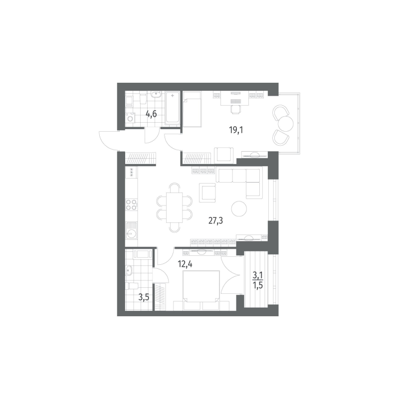3-комнатная (Евро) квартира, 73.16 м² в ЖК "Наука" - планировка, фото №1
