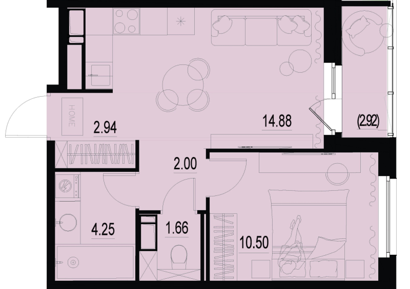 2-комнатная (Евро) квартира, 37.69 м² - планировка, фото №1