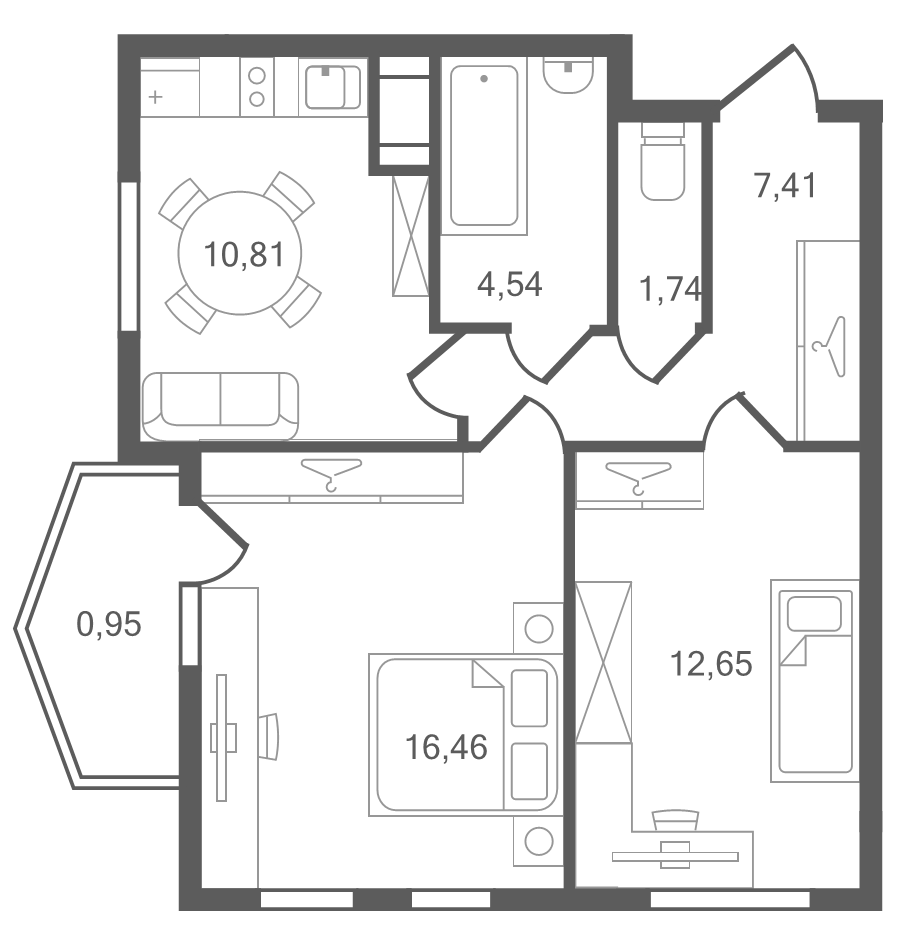 2-комнатная квартира, 54.56 м² в ЖК "Ювента" - планировка, фото №1