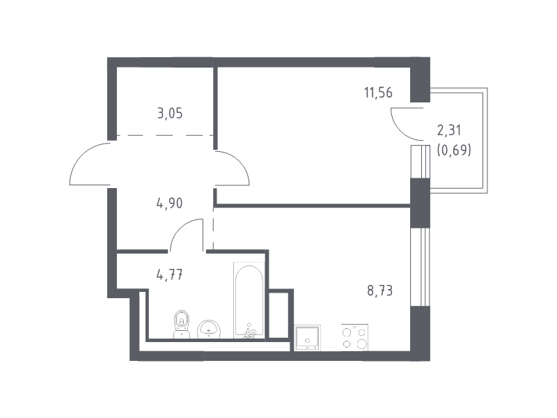 1-комнатная квартира, 33.7 м² - планировка, фото №1