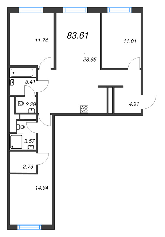 4-комнатная (Евро) квартира, 83.61 м² в ЖК "Legenda Васильевского" - планировка, фото №1