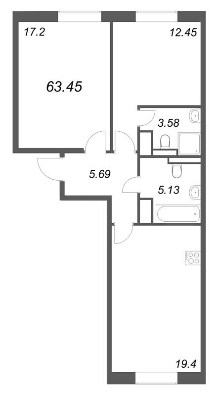3-комнатная (Евро) квартира, 63.45 м² в ЖК "Цивилизация на неве" - планировка, фото №1