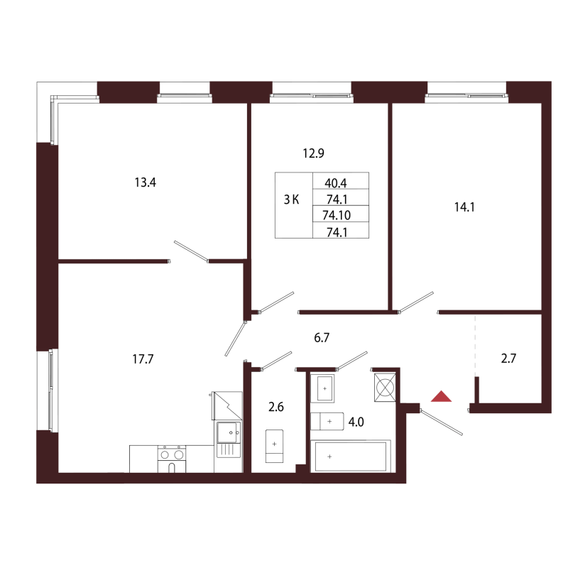 4-комнатная (Евро) квартира, 74.1 м² в ЖК "Лисино" - планировка, фото №1