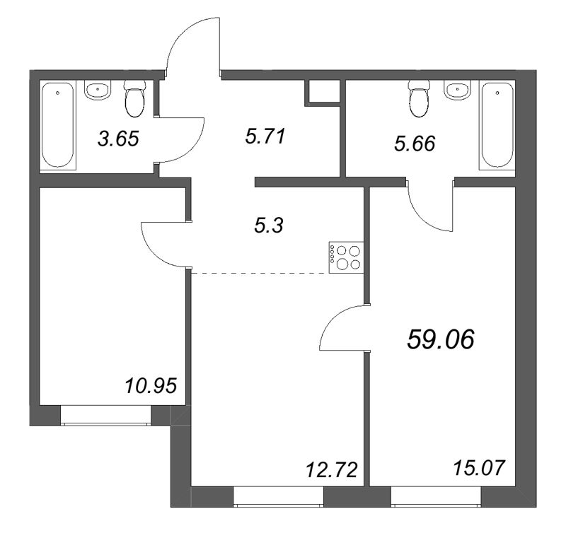 3-комнатная (Евро) квартира, 59.06 м² в ЖК "Тишин" - планировка, фото №1