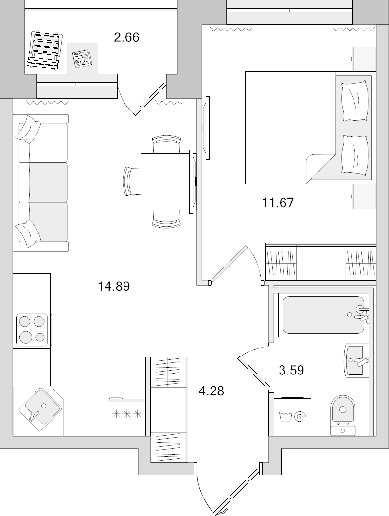 1-комнатная квартира, 31.74 м² - планировка, фото №1