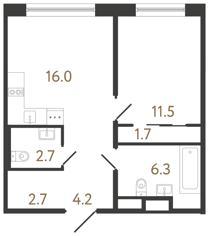 2-комнатная (Евро) квартира, 45.1 м² в ЖК "Передвижники 2" - планировка, фото №1