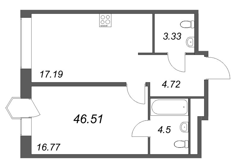 2-комнатная (Евро) квартира, 46.51 м² в ЖК "Avant" - планировка, фото №1