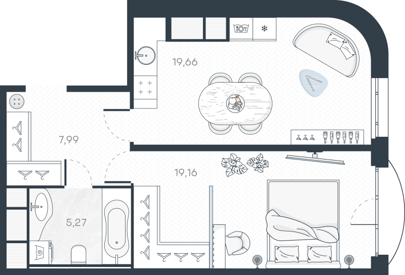 2-комнатная (Евро) квартира, 52.83 м² в ЖК "MONODOM-ART" - планировка, фото №1