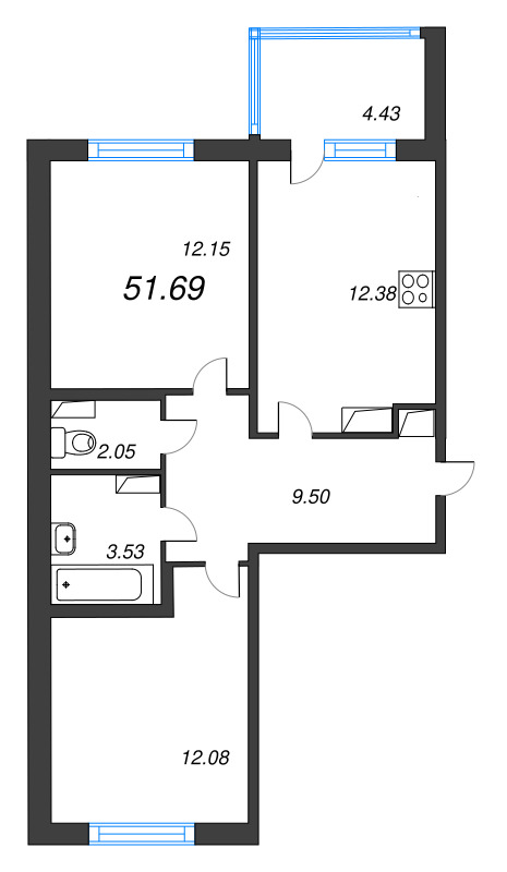 2-комнатная квартира, 51.69 м² - планировка, фото №1