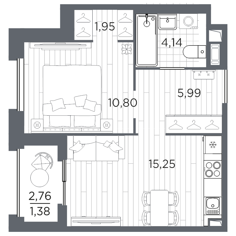 2-комнатная (Евро) квартира, 39.49 м² в ЖК "Оптимист" - планировка, фото №1