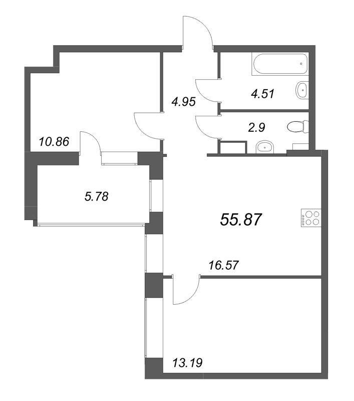 3-комнатная (Евро) квартира, 55.87 м² в ЖК "Аквилон RekaPark" - планировка, фото №1