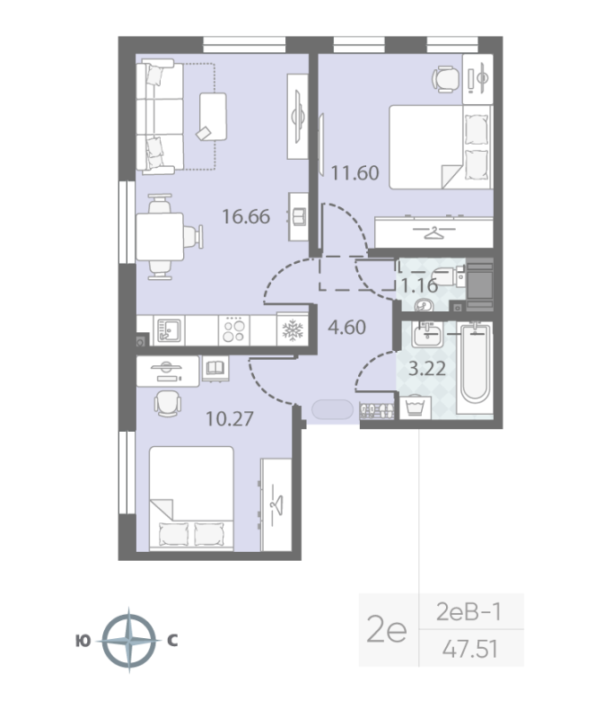 3-комнатная (Евро) квартира, 47.51 м² в ЖК "Морская миля" - планировка, фото №1