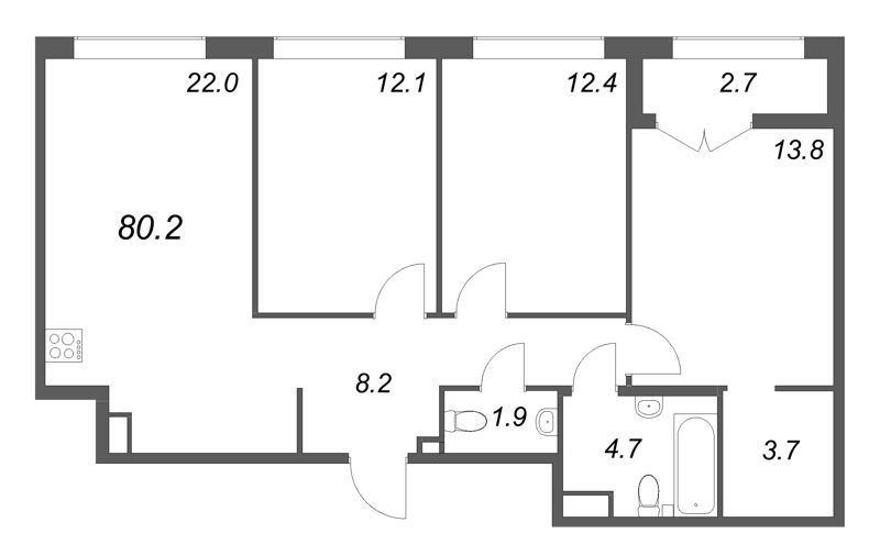 4-комнатная (Евро) квартира, 80.2 м² в ЖК "Кронунг ЮГ" - планировка, фото №1