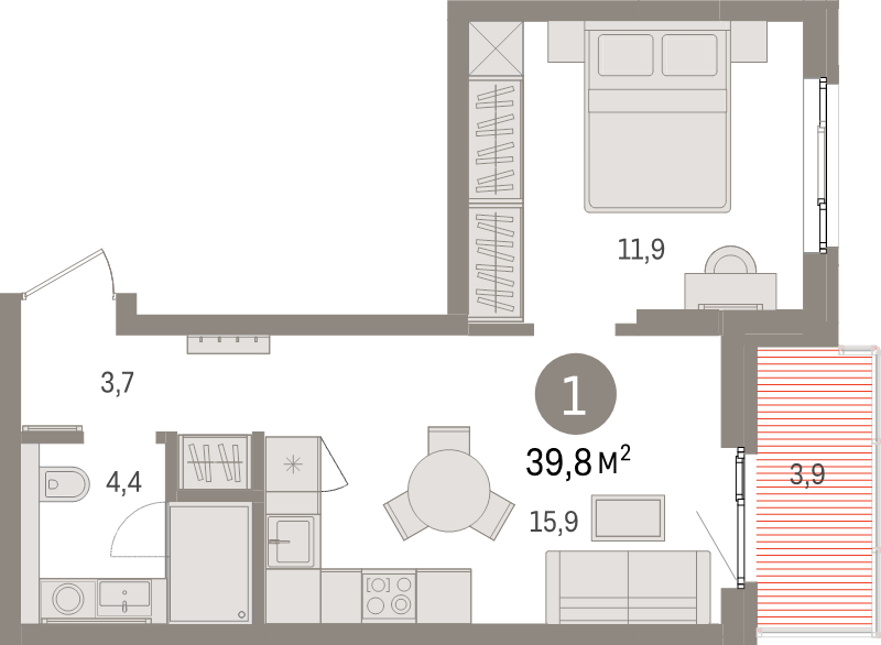 2-комнатная (Евро) квартира, 39.8 м² в ЖК "Брусника в Новоселье" - планировка, фото №1
