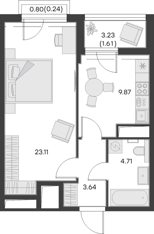 1-комнатная квартира, 43.18 м² - планировка, фото №1