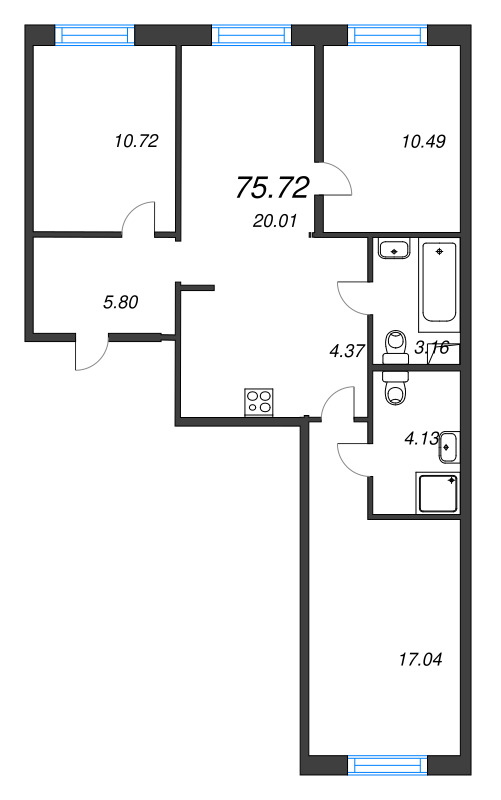 4-комнатная (Евро) квартира, 75.72 м² в ЖК "Окла" - планировка, фото №1