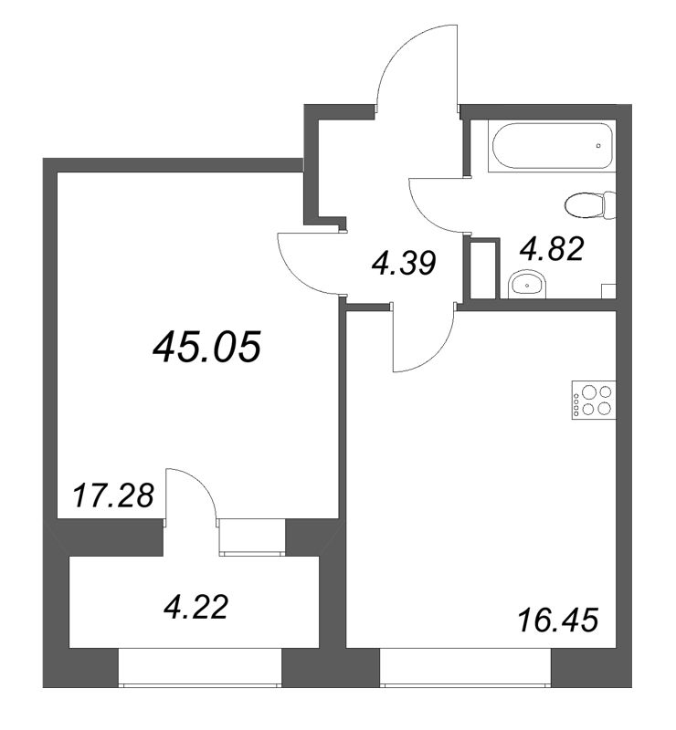 2-комнатная (Евро) квартира, 45.05 м² в ЖК "Аквилон Солар Парк" - планировка, фото №1