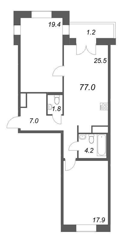 2-комнатная квартира, 77 м² - планировка, фото №1