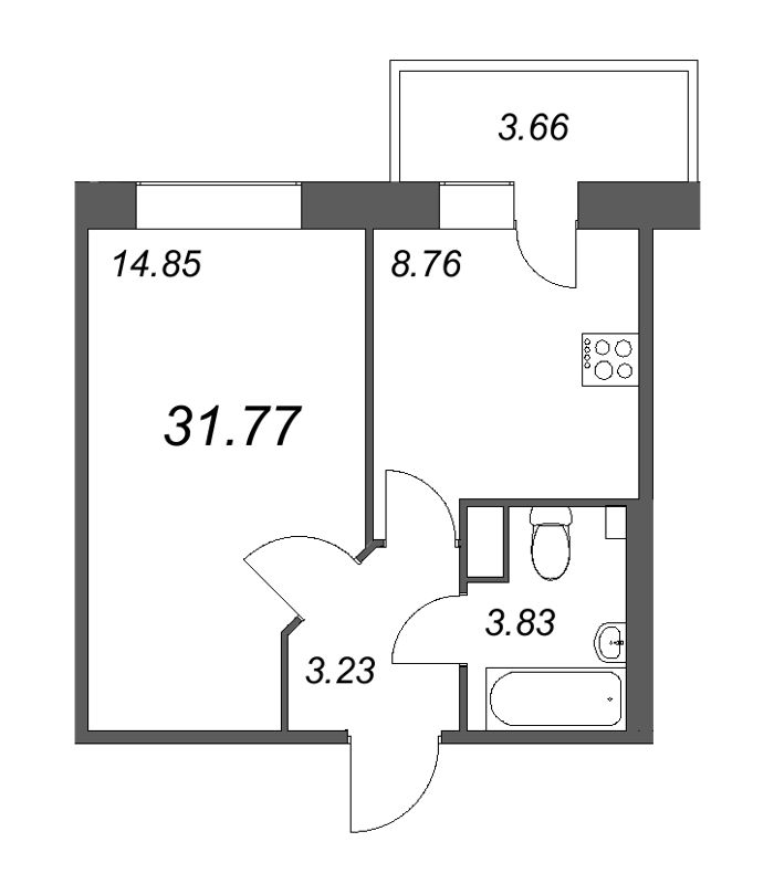 1-комнатная квартира, 31.77 м² - планировка, фото №1