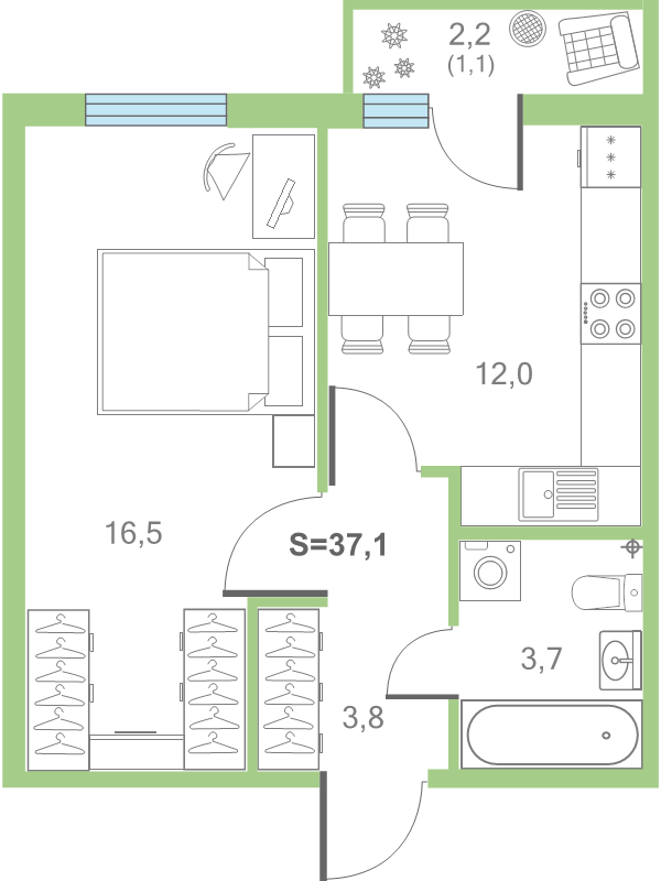 1-комнатная квартира, 37.7 м² в ЖК "Дуэт" - планировка, фото №1