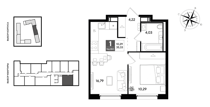2-комнатная (Евро) квартира, 35.33 м² в ЖК "Догма Юкки 2" - планировка, фото №1