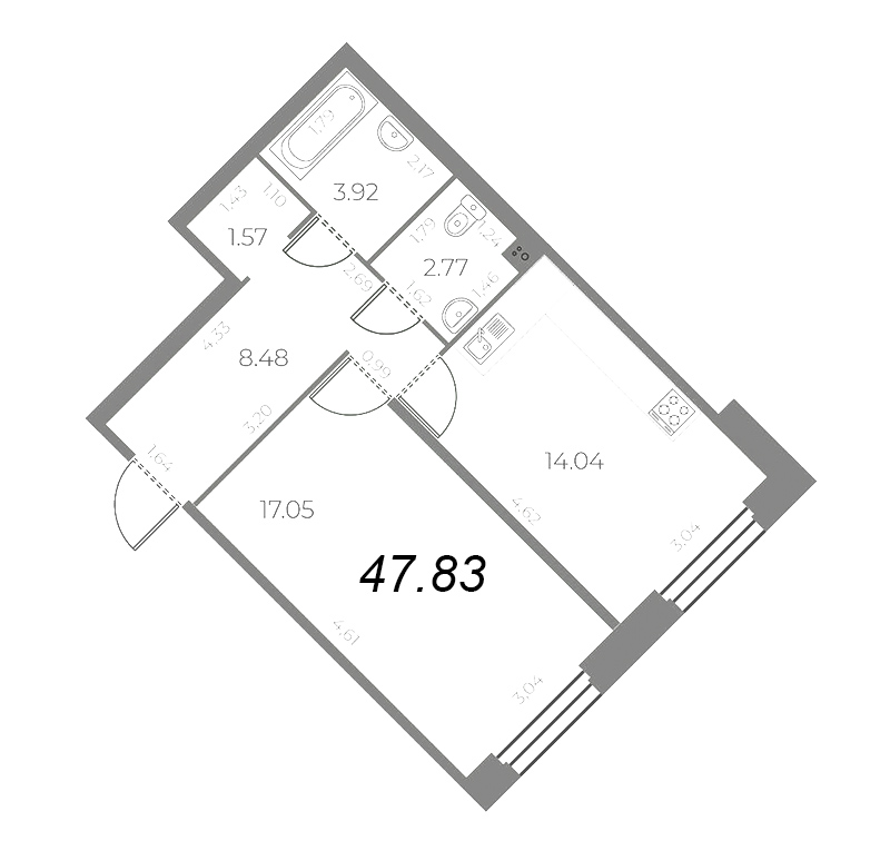 1-комнатная квартира, 47.83 м² - планировка, фото №1