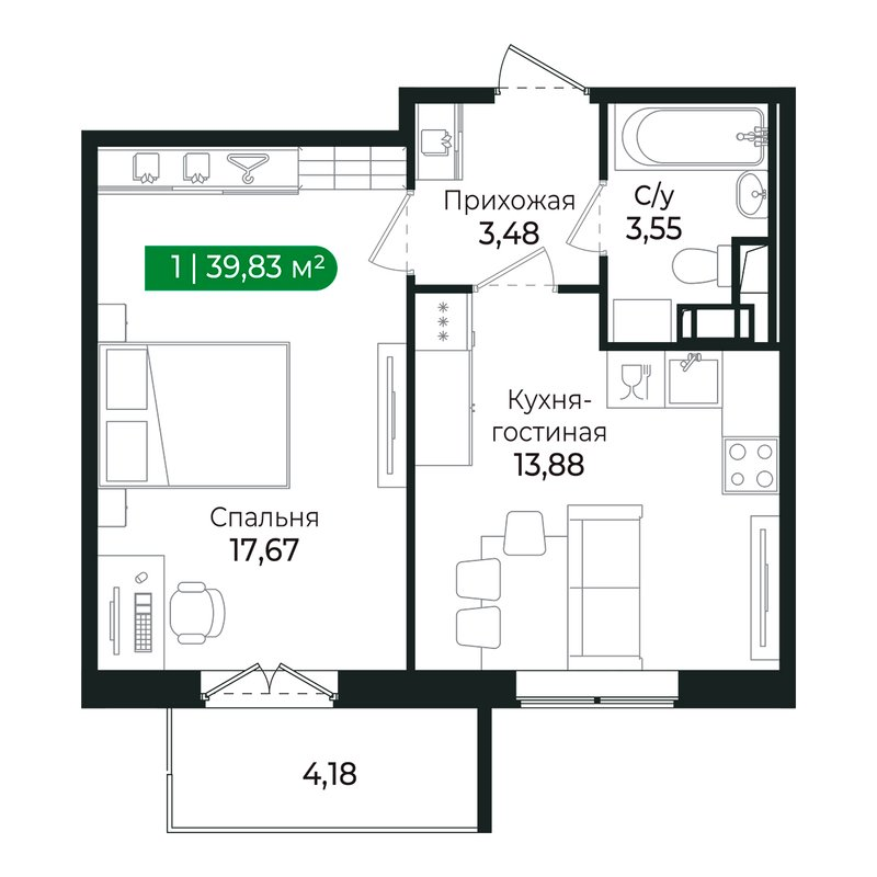 1-комнатная квартира, 38.1 м² в ЖК "Сертолово Парк" - планировка, фото №1
