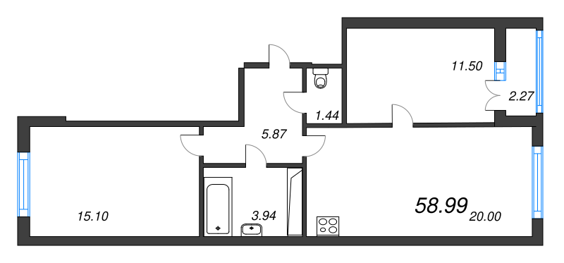 3-комнатная (Евро) квартира, 58.99 м² - планировка, фото №1