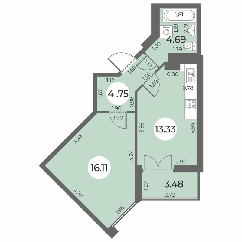1-комнатная квартира, 40.62 м² - планировка, фото №1