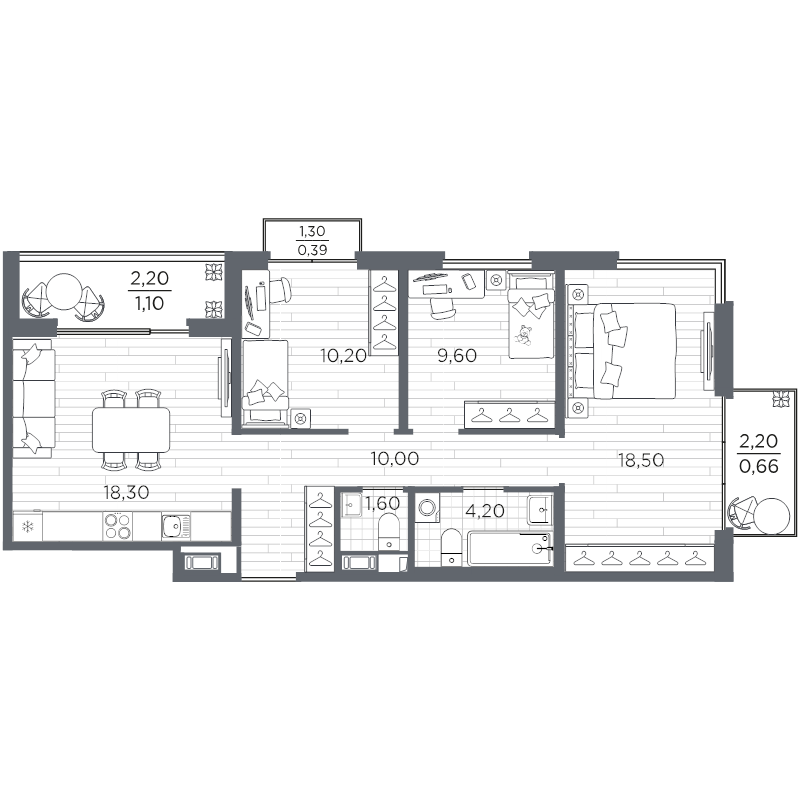 4-комнатная (Евро) квартира, 74.55 м² в ЖК "Плюс Пулковский" - планировка, фото №1