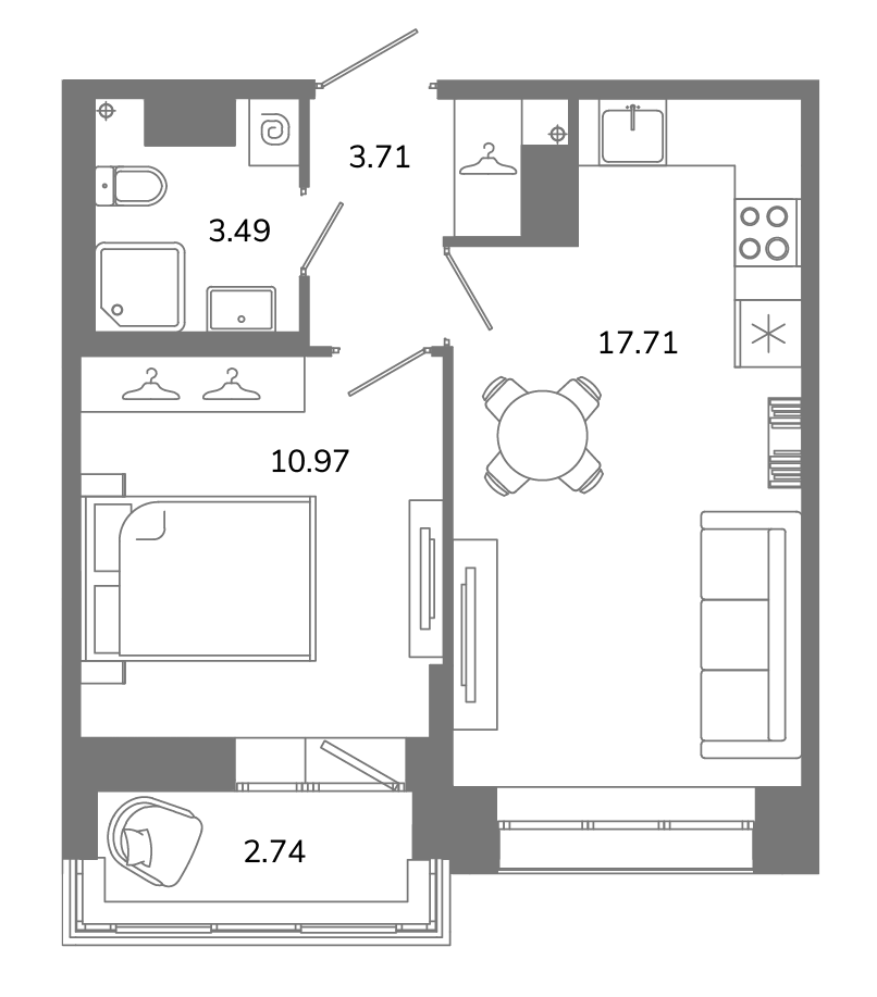 2-комнатная (Евро) квартира, 37.25 м² в ЖК "Твой космос" - планировка, фото №1