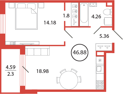 2-комнатная (Евро) квартира, 46.88 м² в ЖК "Энфилд" - планировка, фото №1