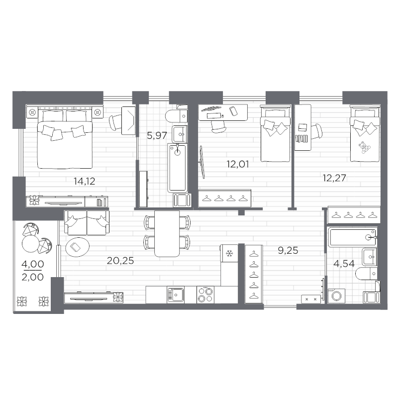 4-комнатная (Евро) квартира, 80.41 м² в ЖК "Сезоны" - планировка, фото №1