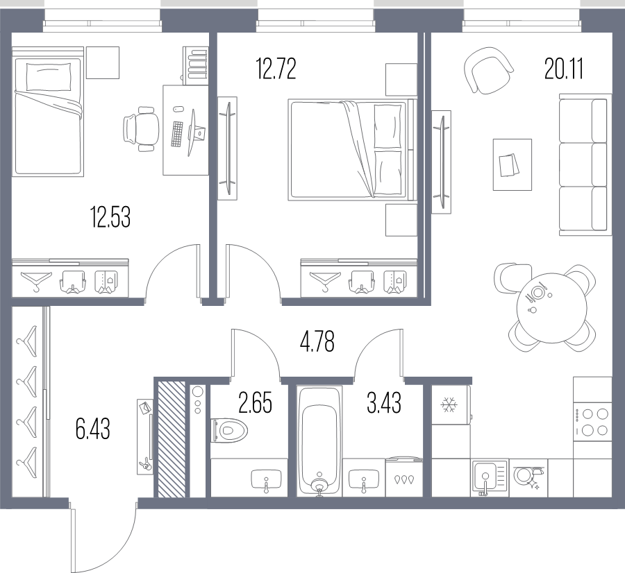 3-комнатная (Евро) квартира, 62.65 м² в ЖК "Легенда Васильевского" - планировка, фото №1