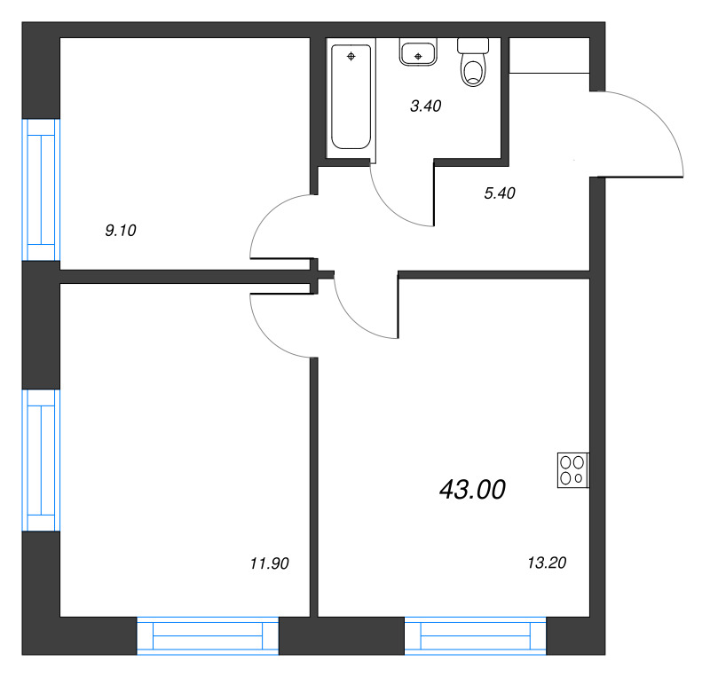 2-комнатная квартира, 43 м² в ЖК "Парусная 1" - планировка, фото №1