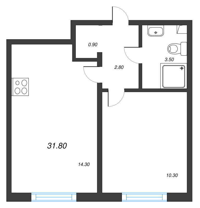 1-комнатная квартира, 31.8 м² в ЖК "Дыбенко Парк" - планировка, фото №2