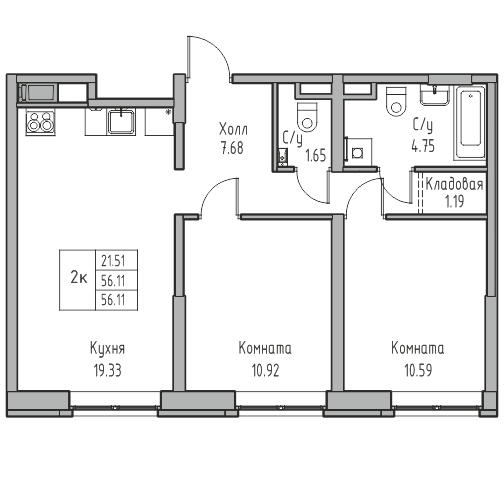 3-комнатная (Евро) квартира, 56.11 м² в ЖК "Юнтолово" - планировка, фото №1