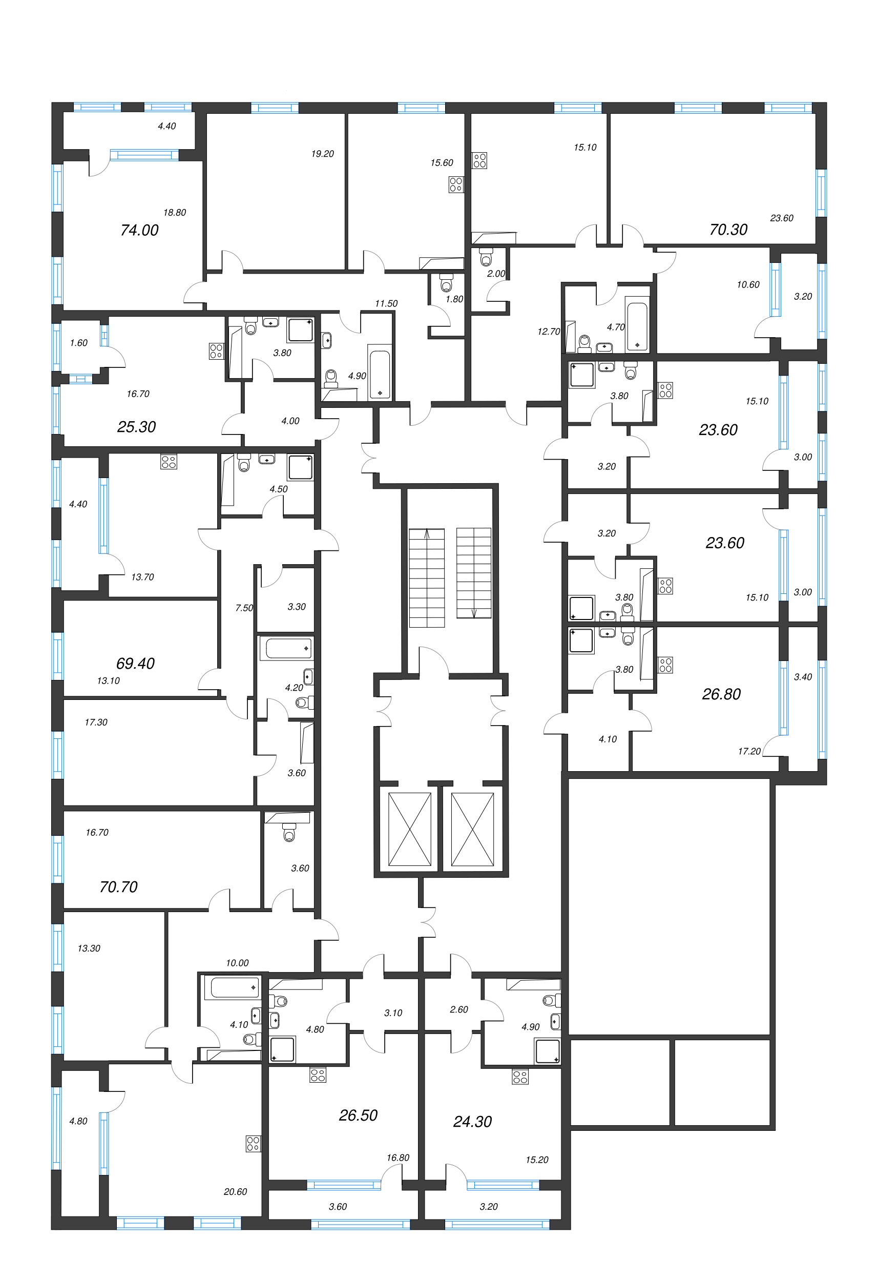 3-комнатная (Евро) квартира, 70.3 м² - планировка этажа