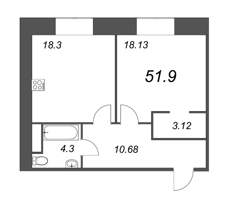 1-комнатная квартира, 58.1 м² - планировка, фото №1