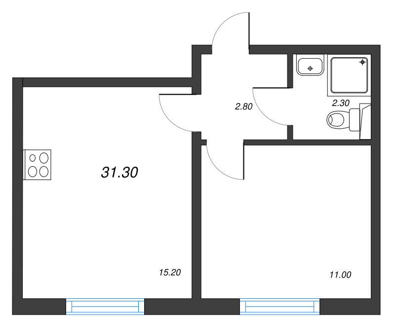 2-комнатная (Евро) квартира, 31.3 м² в ЖК "ЛСР. Ржевский парк" - планировка, фото №1