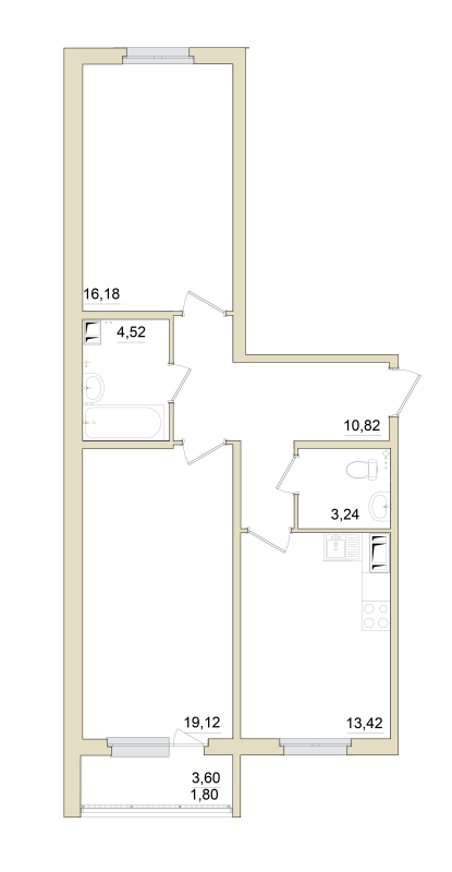 2-комнатная квартира, 69 м² - планировка, фото №1