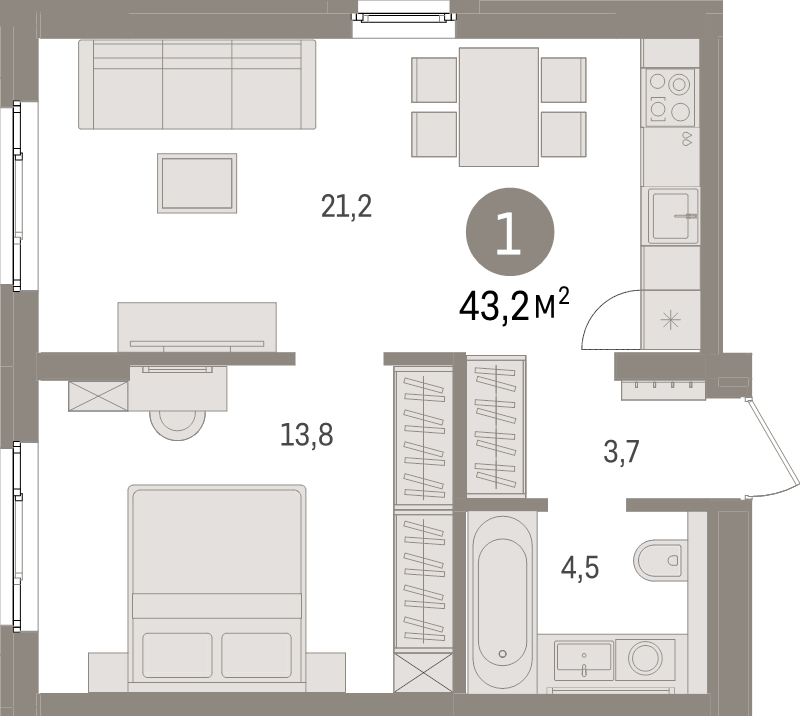 2-комнатная (Евро) квартира, 43.2 м² в ЖК "Брусника в Новоселье" - планировка, фото №1