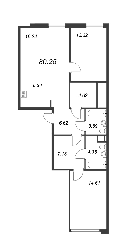 3-комнатная (Евро) квартира, 80.25 м² - планировка, фото №1