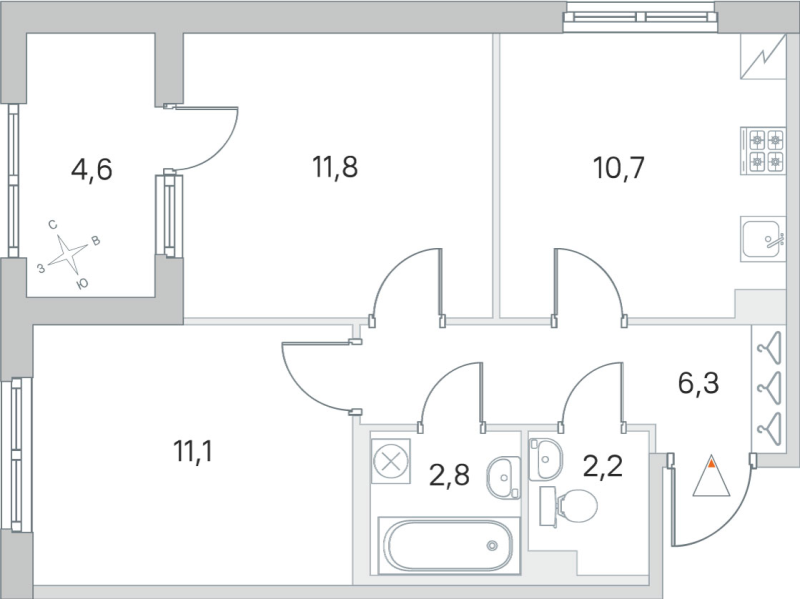 2-комнатная квартира, 44.9 м² в ЖК "ЮгТаун" - планировка, фото №1