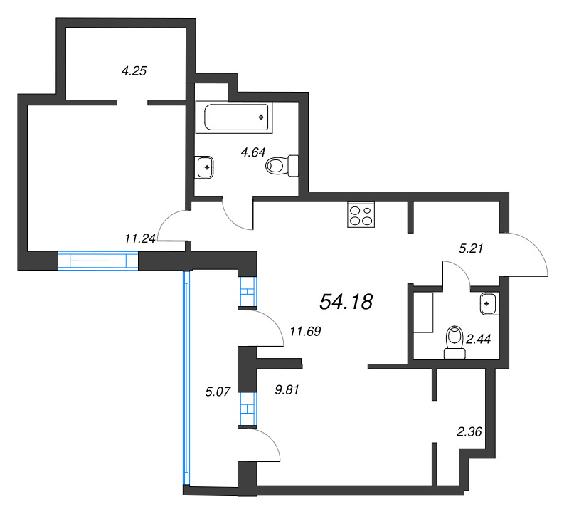 2-комнатная (Евро) квартира, 54.18 м² - планировка, фото №1
