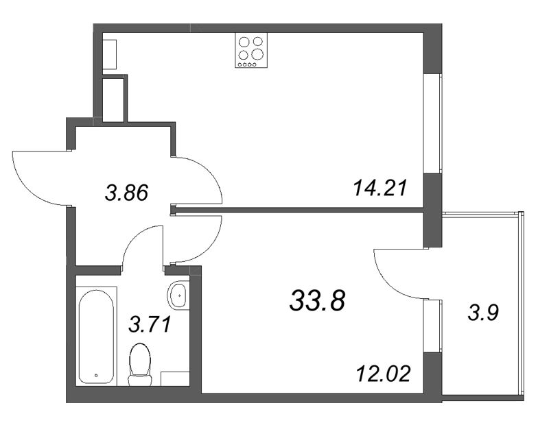 1-комнатная квартира, 33.8 м² в ЖК "Любоград" - планировка, фото №1