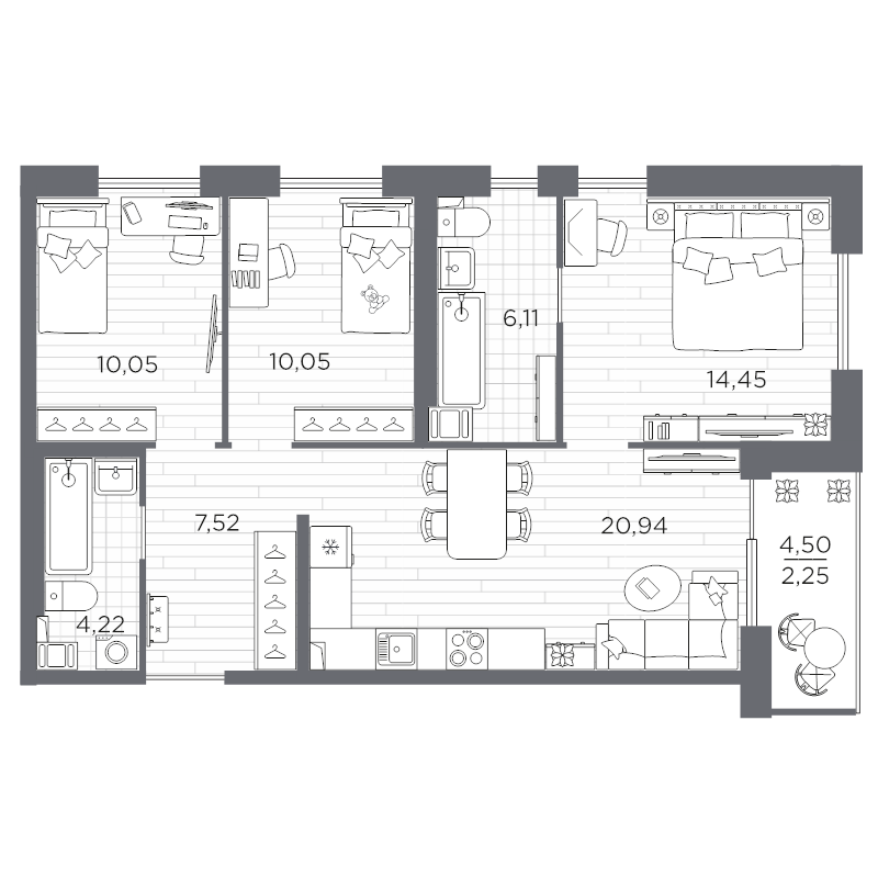 4-комнатная (Евро) квартира, 75.59 м² в ЖК "Сезоны" - планировка, фото №1