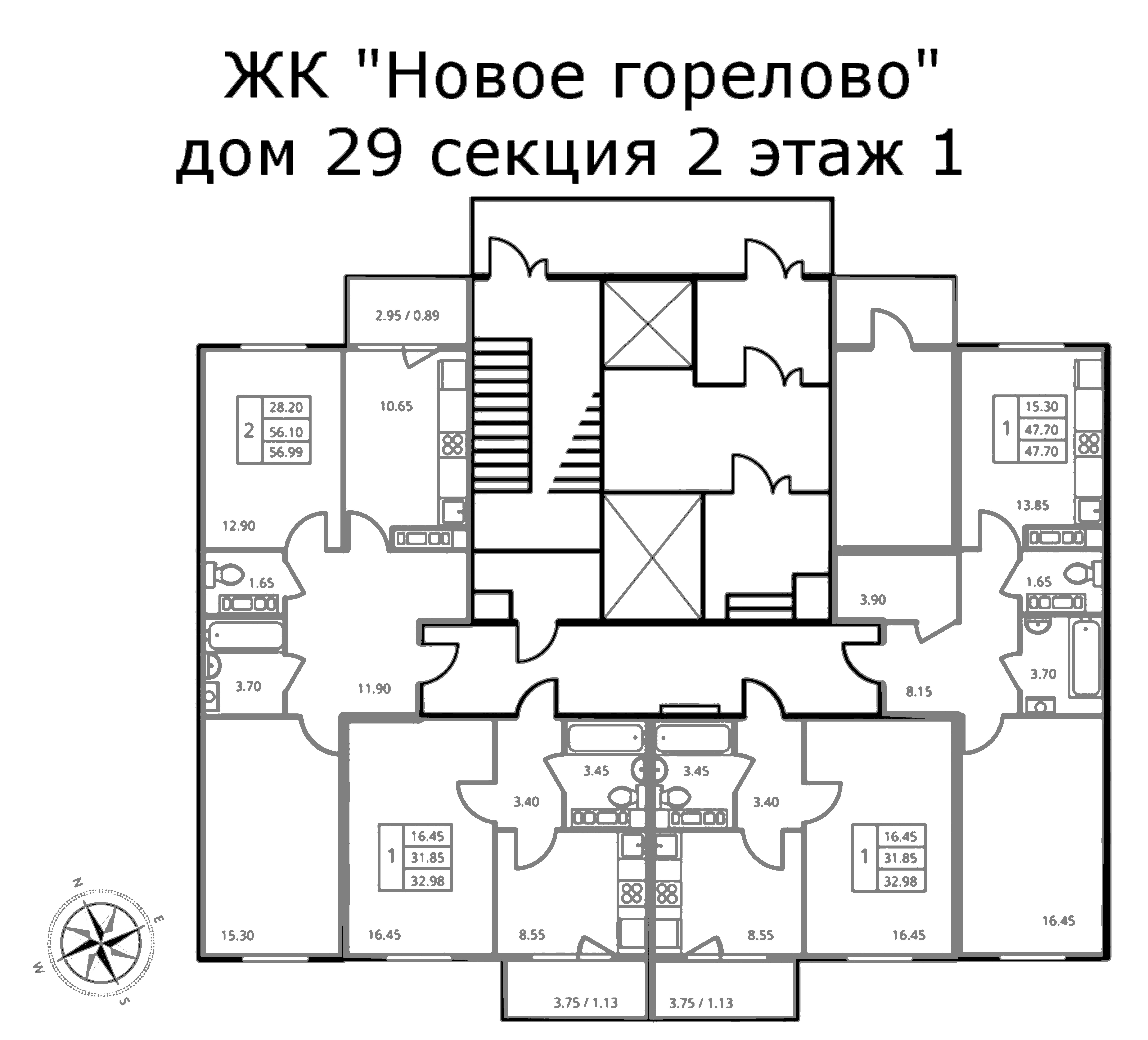 2-комнатная квартира, 57.4 м² в ЖК "Новое Горелово" - планировка этажа