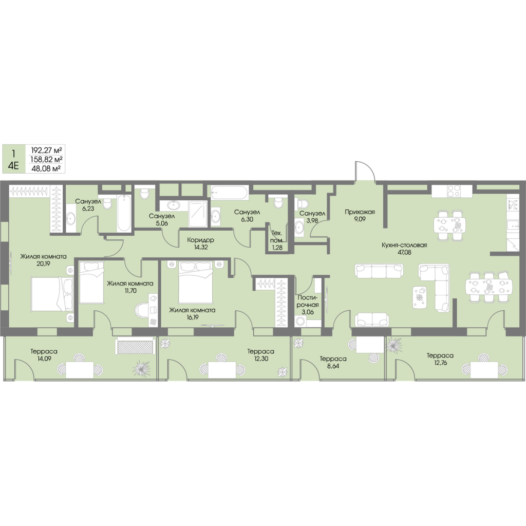 4-комнатная (Евро) квартира, 158.82 м² в ЖК "Рощино Residence" - планировка, фото №1