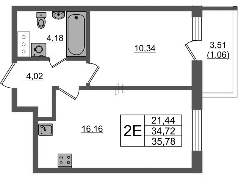 2-комнатная (Евро) квартира, 35.88 м² в ЖК "Аквилон Янино" - планировка, фото №1